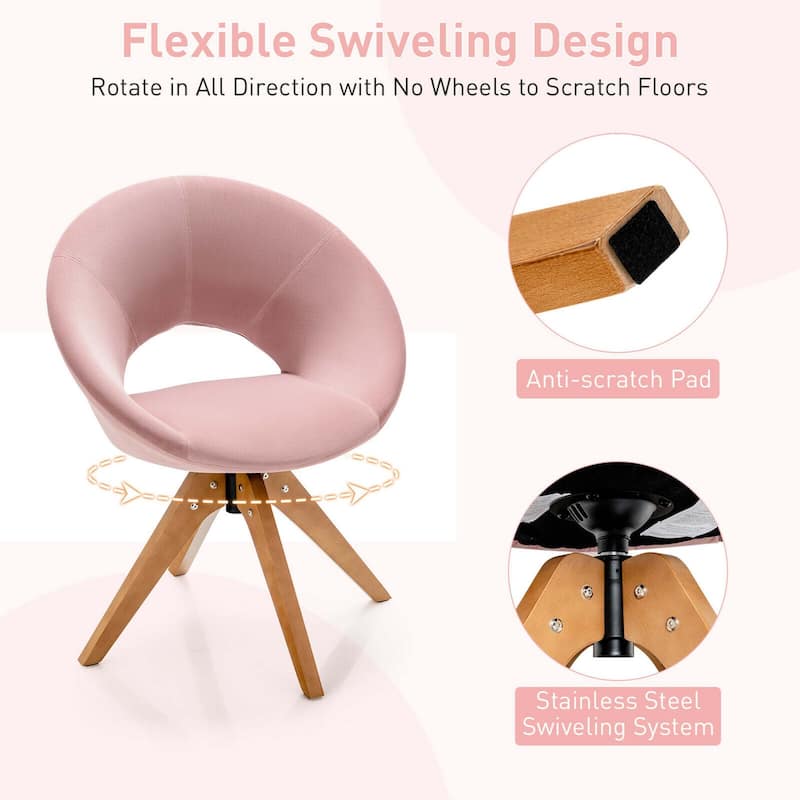 Gymax Set of 2 Swivel Accent Chair Modern Velvet Vanity Chair w/ Wood