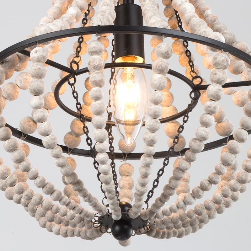 Modern Farmhouse 1-Light Wood Beaded Mini Chandelier Foyer Island Pendant Lights