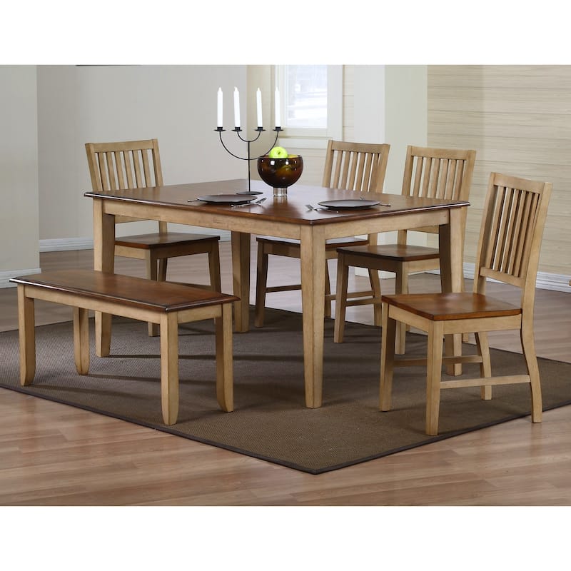 Rectangular Dining Set 6 Piece 60" Table with Bench - Seats 7 - Modern Farmhouse Style