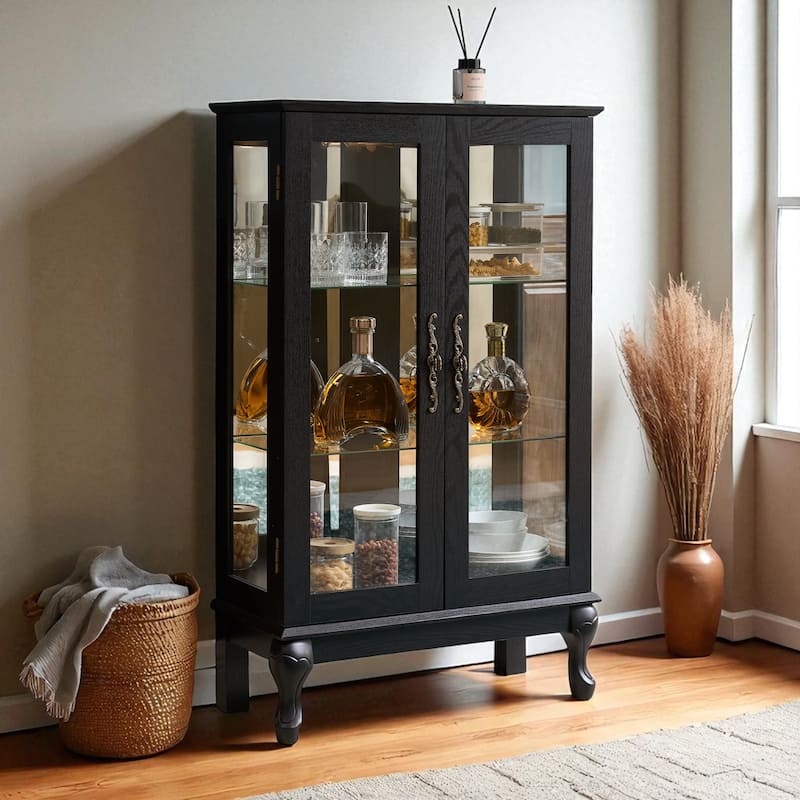 Elegant Curio Cabinet with LED Light, Tempered Glass Doors, Adjustable Shelves & Mirrored Back - Antique Display Storage - Black