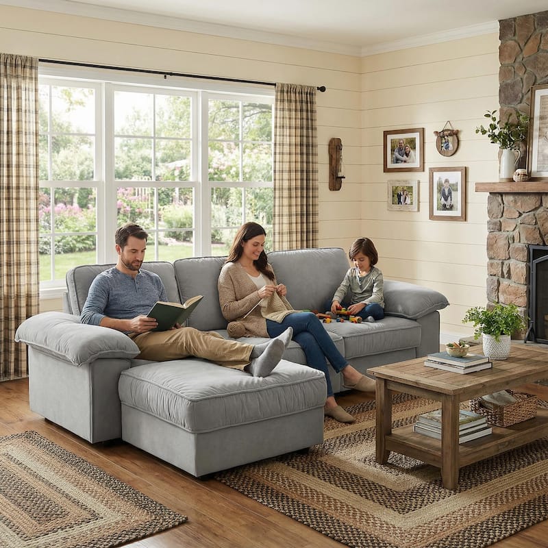 Upholstered L-Shaped Sectional Sofa Couch with Ottoman, Modern Fabric Deep Seat Sofa - Grey