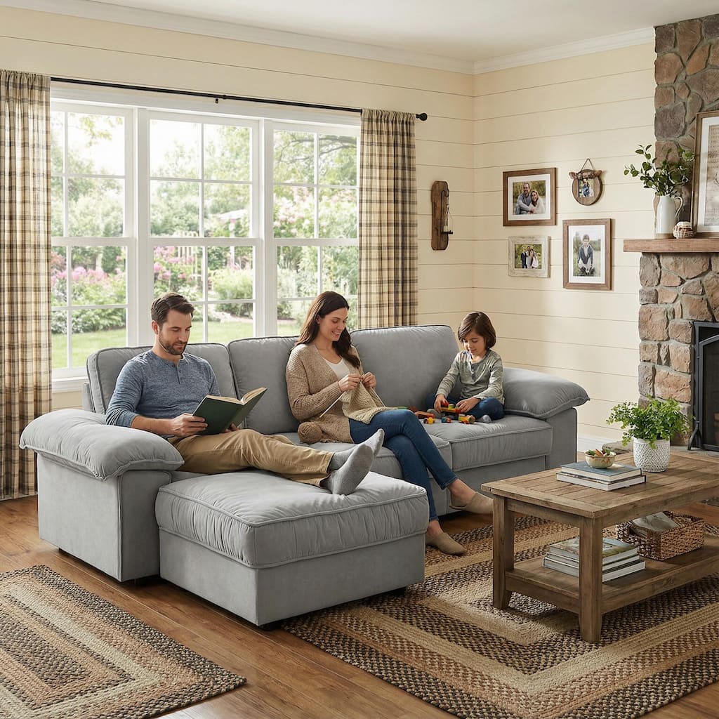 Upholstered L-Shaped Sectional Sofa Couch with Ottoman, Modern Fabric Deep Seat Sofa