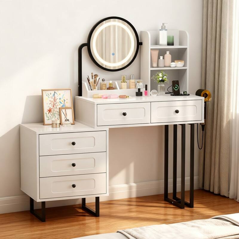 Particle Board Veneered White Bracket, White Iron Feet, 5-drawer 2-compartment 2-tier Rack Dressing Table - N/A