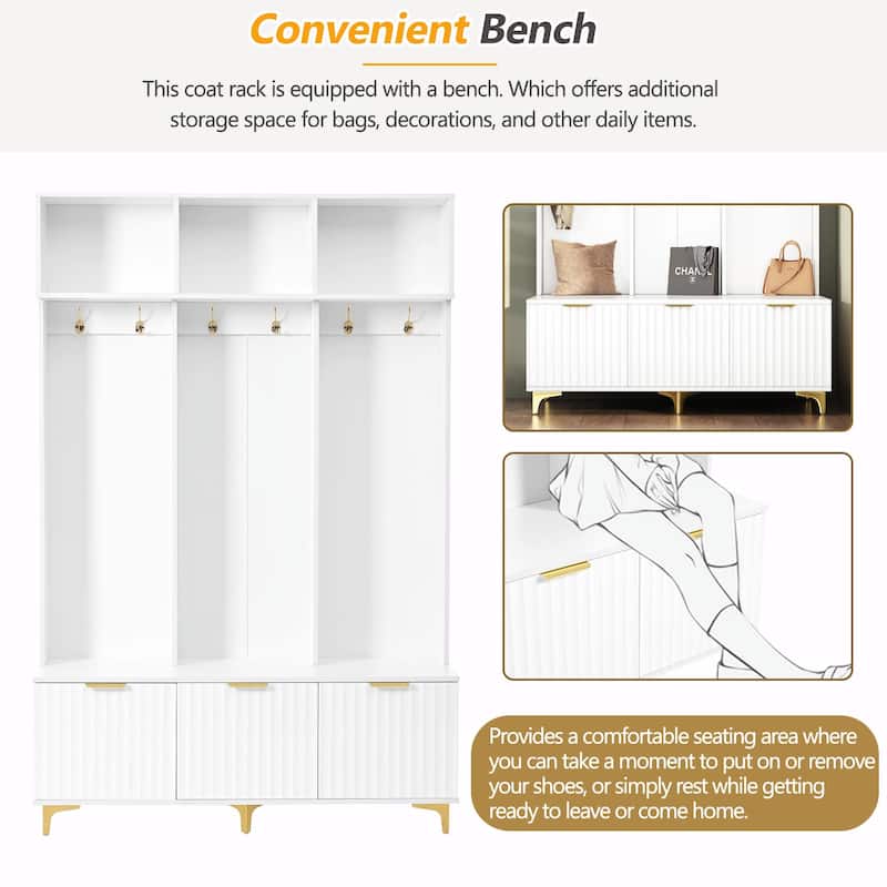 Modern Storage Hall Tree with Bench - Glossy Doors, 6 Gold Hooks