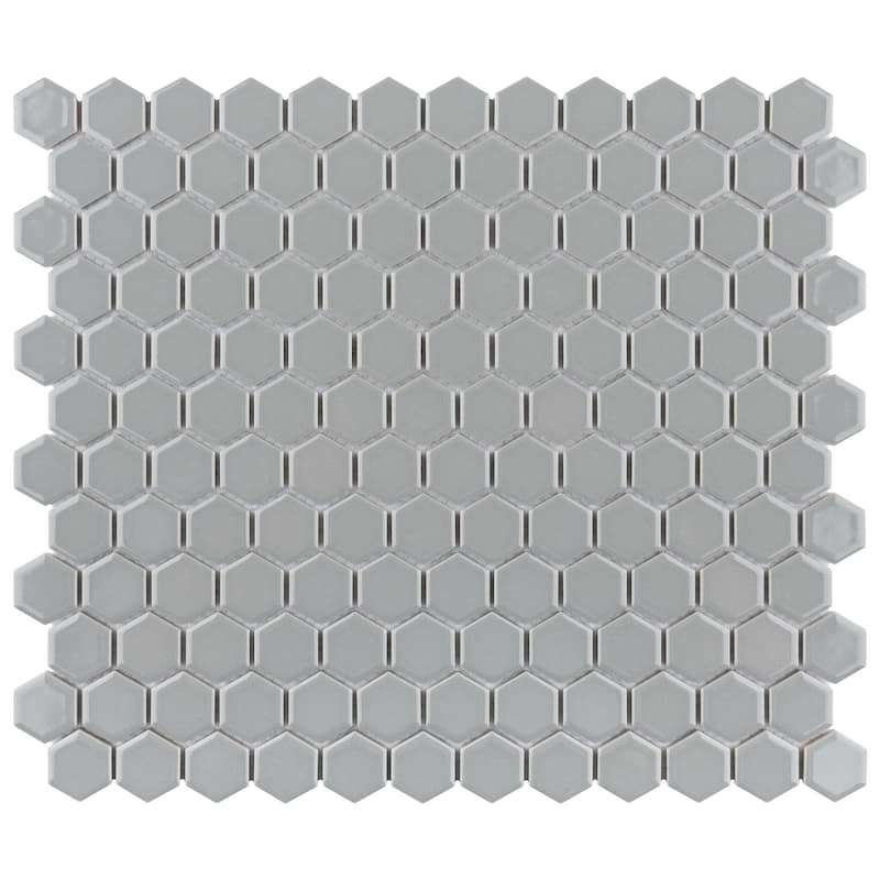 Merola Tile Metro 1" Hex Glossy Light Grey 10-1/4" x 11-7/8" Porcelain Mosaic Floor and Wall Tile