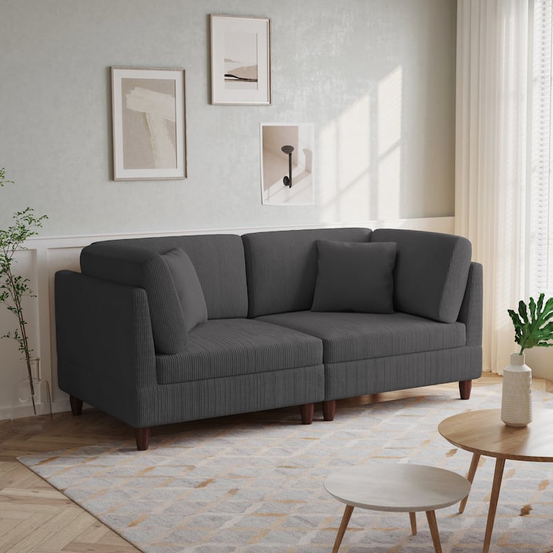 Corduroy Modular Sectional Sofa Set With Pillows - Grey-2 Piece
