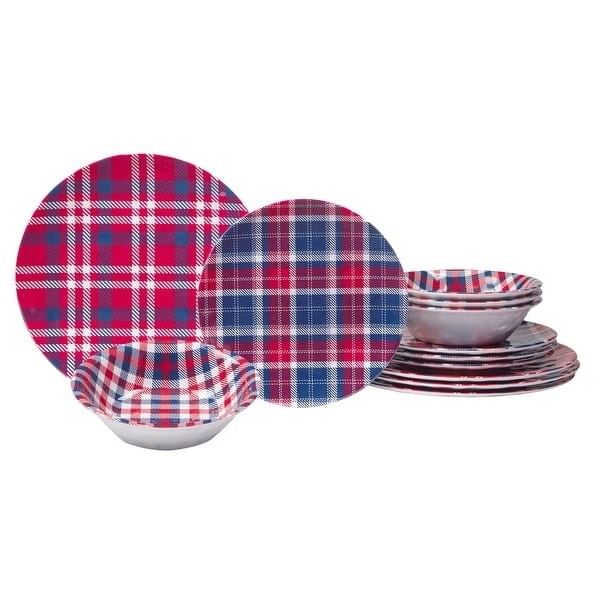 slide 2 of 7, Certified International Patriotic Plaid 12 Piece Melamine Dinnerware Set, Service For 4