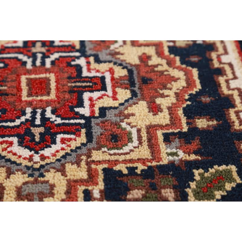 Hand Knotted Oriental 100% Wool Carpet Traditional Geometric Navy Blue & Blues Heriz (serapi) Runner Rug - 7' 10'' X 2' 7''