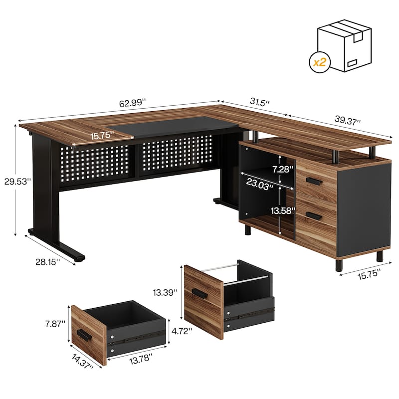 63-Inch L-Shaped Executive Desk with Storage Shelves