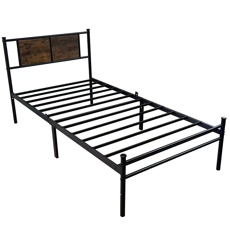 Twin Size Metal Platform Bed with Wood Headboard and Footboard, 800lb Capacity