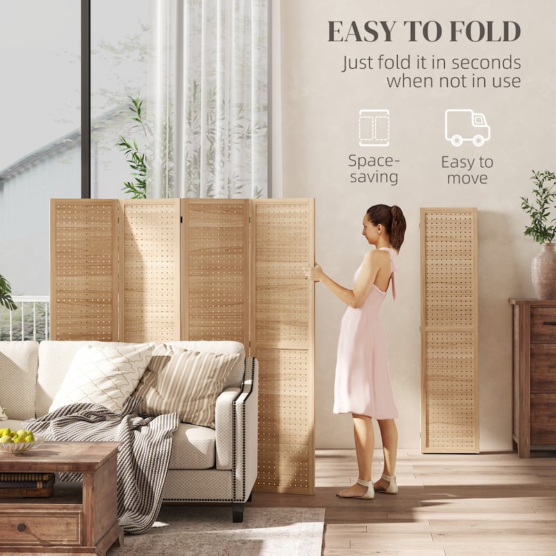 Natural Paulownia Wood Room Divider 4-Panel Rustic Folding Screen - 63" W x 0.75" D x 66.9" H