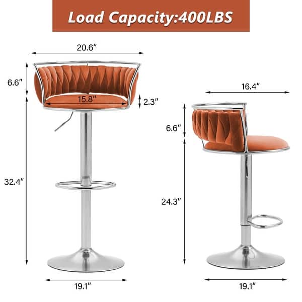 dimension image slide 4 of 24, Modern Velvet Adjustable Swivel Bar Stools Set of 2