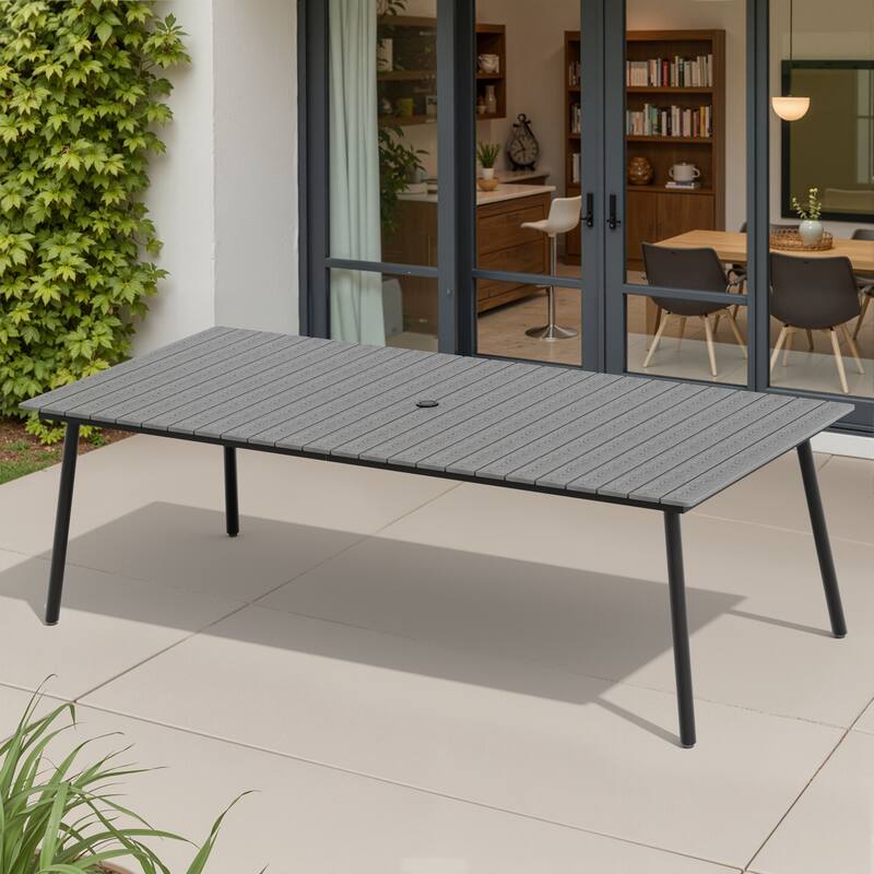 94.5in Outdoor Patio Rectangle Aluminum Wood-Like Dining Table with Umbrella Hole