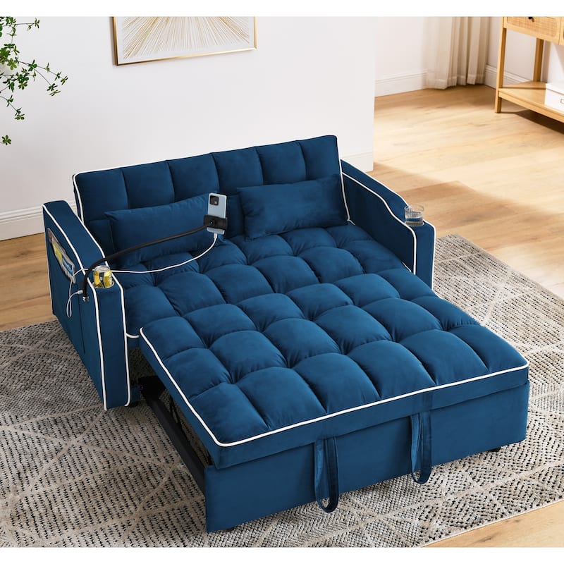 55.51"Foldable Sofa Bed,Modern Sofa Velvet Pull-out Bed,Adjustable Back and with USB Port and Ashtray and Swivel Phone Stand
