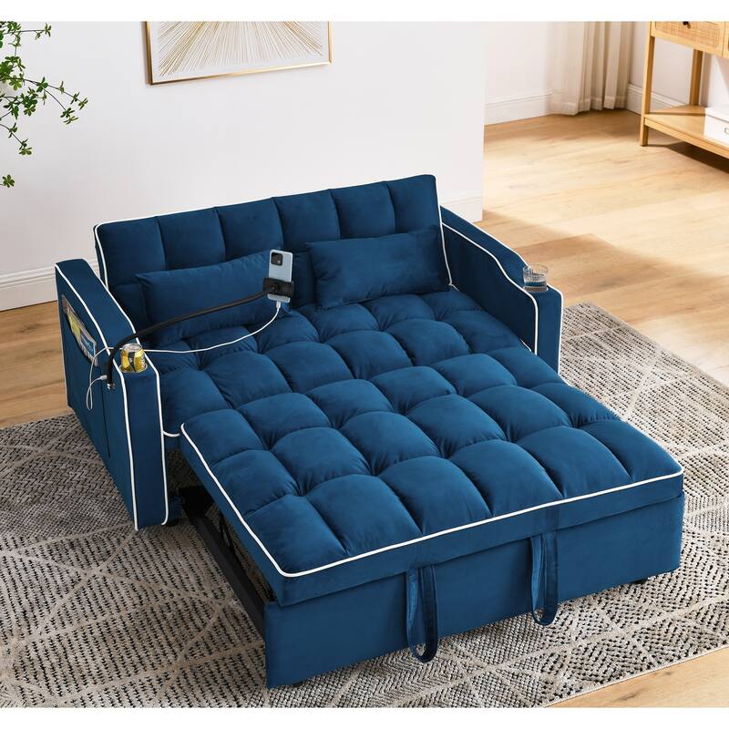 Foldable Velvet Sofa Bed, Adjustable Backrest, USB Charging, Phone Stand, 2 Pillows
