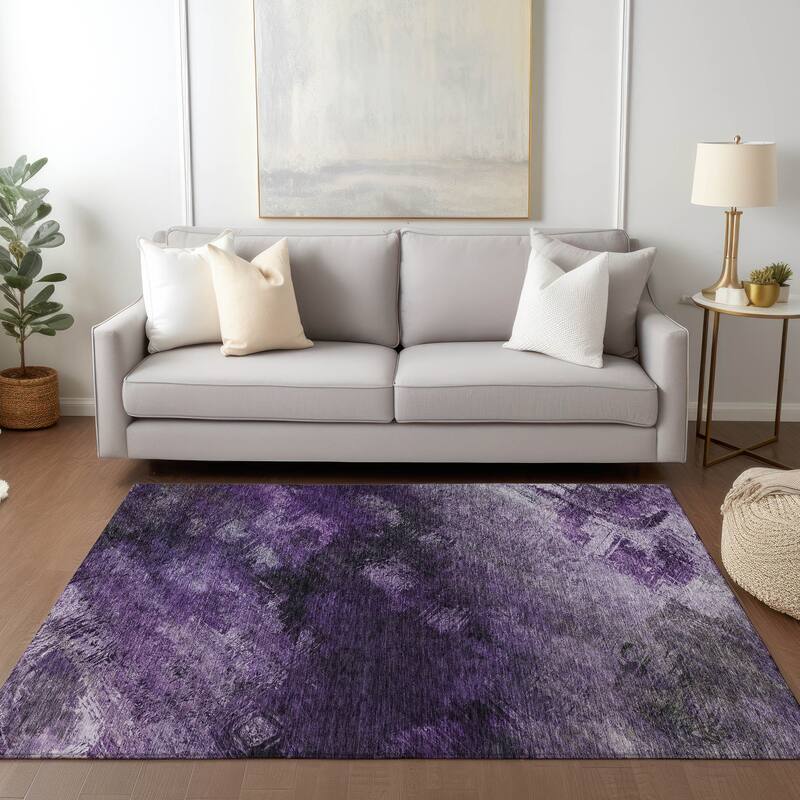 Machine Washable Indoor/ Outdoor Chantille Abstract Watercolor Rug - 9' x 12' - Purple