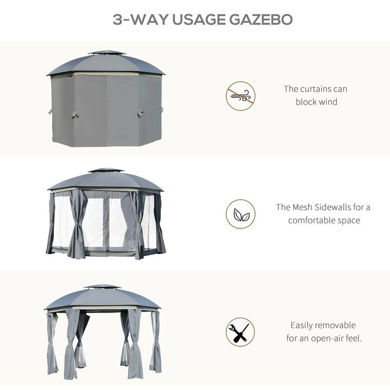 12' x 12' Patio Dome Gazebo Canopy Shelter with Double Roof, Curtains