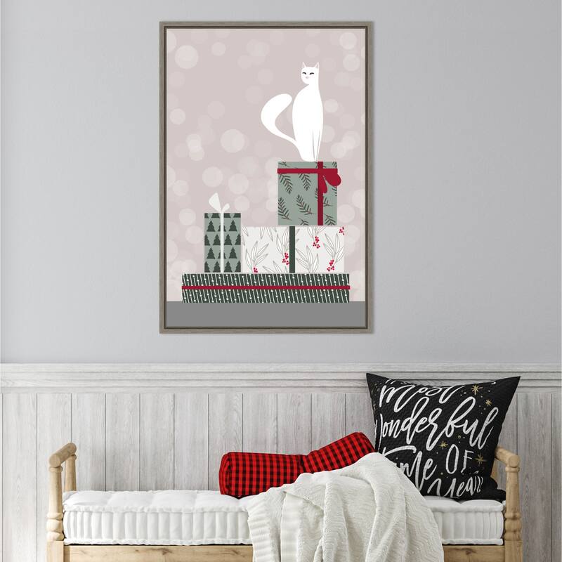 Retro cat and gifts by Rosana Laiz Blursbyai Framed Canvas Wall Art Print