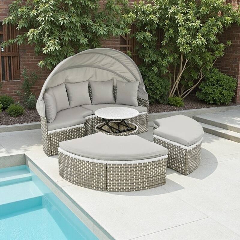 5-Piece Sectional Sofa Set, Round Rattan Outdoor Daybed with Retractable Canopy and Adjustable Table,with Cushions & Pillows - Gray