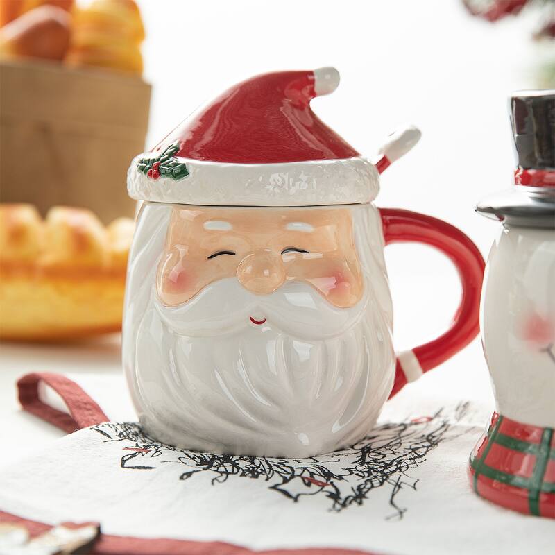 Glitzhome Christmas Dolomite Santa & Snowman or Tree Mug with Lid and Spoon