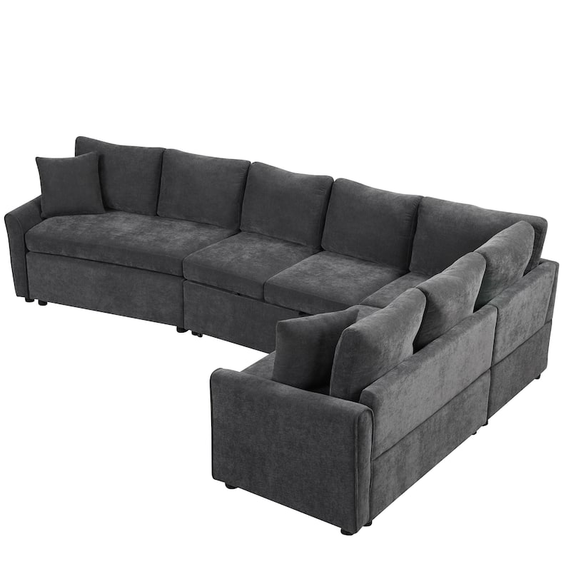 124.8'' Convertible L-Shaped 6-Seater Sectional Sofa with USB Ports, Power Outlets, Pull-Out Bed, and Two Back Cushions