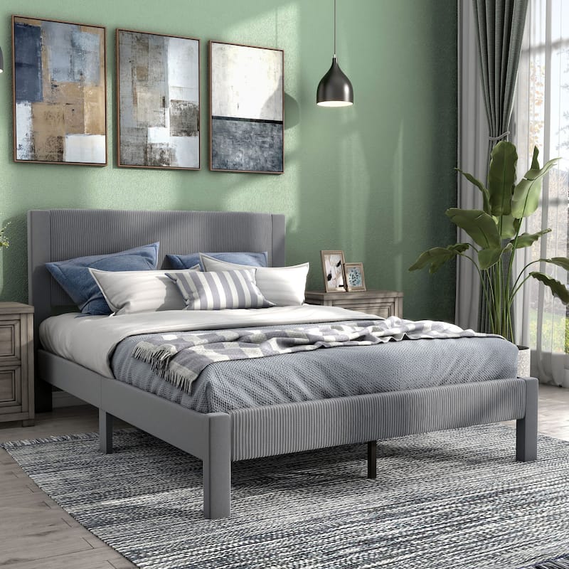 Furniture of America Alyssa Modern Velvet Upholstered Platform Bed with Channel Headboard and Wooden Slats