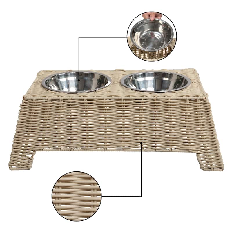 Serenity Elevated Pet Feeder 6.9" - Wicker Stand with 18oz Stainless Bowls