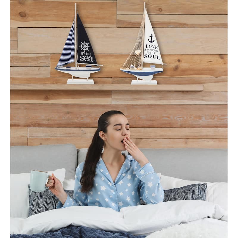 CoTa Global Ocean Blue Sailboat Decor Set of 2 - Handmade Wooden Boat - 22.4 Inch