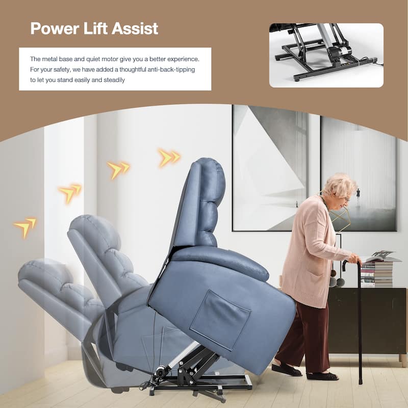 Oversized Power Lift Recliner Chair with Massage & Heat, PU Leather, USB Port, Cup Holders & Pockets