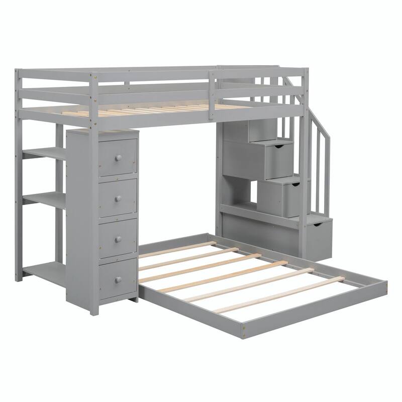 Twin Over Full Bunk Bed with 3-layer Shelves, Drawers, and Storage Stairs
