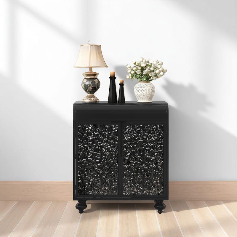 Decorative Metal Accent Cabinet with Embossed Doors, Distressed Black Finish, Entryway Storage Sideboard