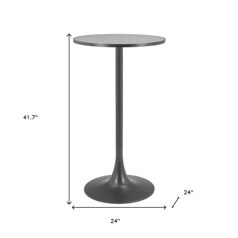 HomeRoots 24" Gray and Black Faux Terrazzo and Steel Rounded Bar Table - 24.00 in. x 41.70 in. x 24.00 in.