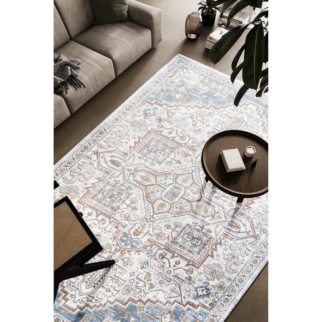 Eno Medora Blue, Ivory and Beige Viscose Area Rug - 2' x 6' Runner