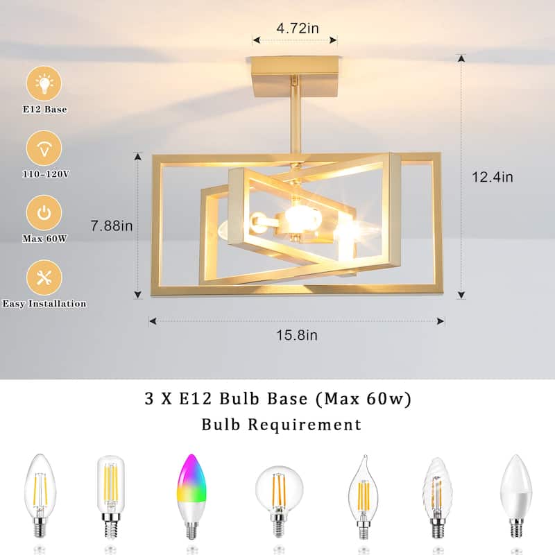 15.8 in. 3-Light Modern Farmhouse Semi-Flush Mount Ceiling Light, Classic Semi Flush Mount Chandelier for Kitchen Dining Room