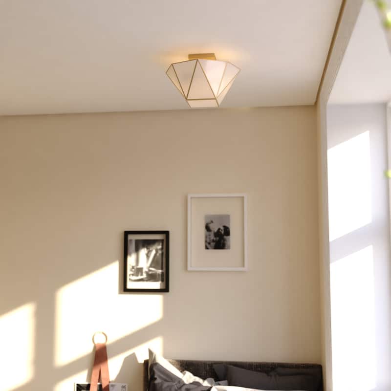 Burnett 2-Light Mid-Century Modern Semi Flush Mount Lighting Ceiling Fixture, White Tiffany Glass Shade for Entryway