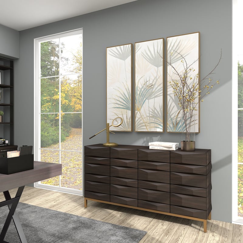 Brown Canvas Palm Leaf Framed Wall Art with Gold Frame (Set of 3)