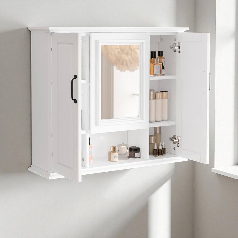 36-Inch Bathroom Mirror Cabinet with 3 Doors, Wall Mounted Medicine Cabinet with Adjustable Shelves and Open Storage
