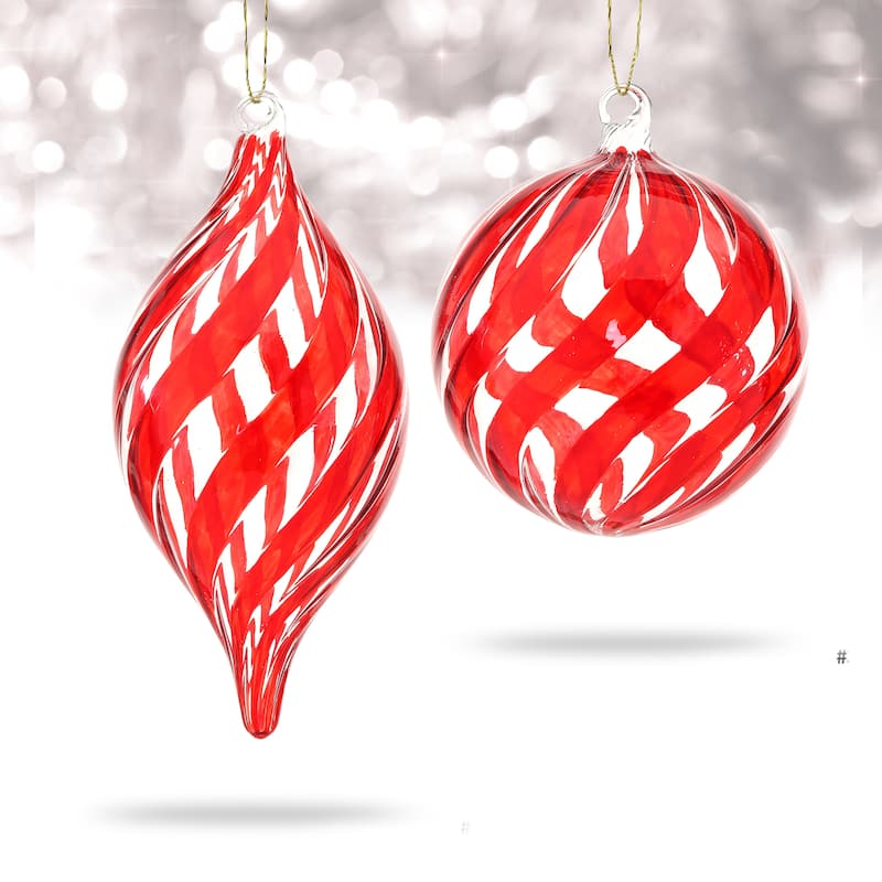 4-5" Glass Swirl Stripe Ball Finial Ornament Set of 6