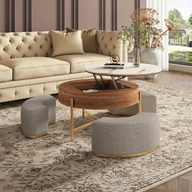 Modern Round Faux Marble Lift-Top Coffee Table Set with Stools and Storage - L 31.5'×W 31.5'×H 19.29'