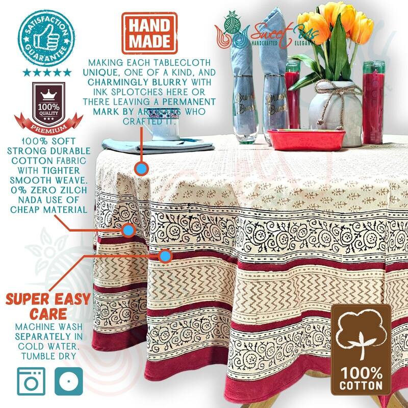 Cotton Bagru Block Print Cotton Tablecloth Linen Collection - 72-in Round