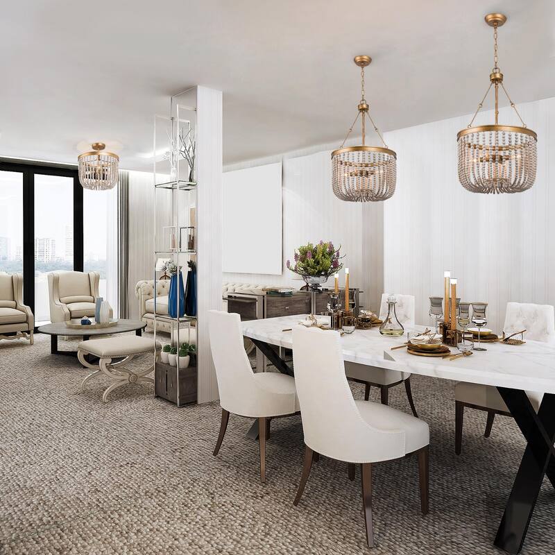 Cotia Boho Modern Glam 3-Light Wood Beads Semi-flush Mount Ceiling Lights Gold Chandelier - D14"*H15.5"
