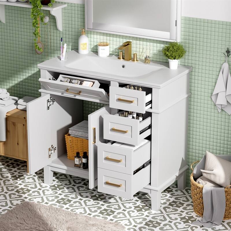36" Bathroom Vanity with Ceramic Sink, Freestanding Bathroom Vanity Cabinet with 2 Soft Close Doors and 4 Storage Drawers