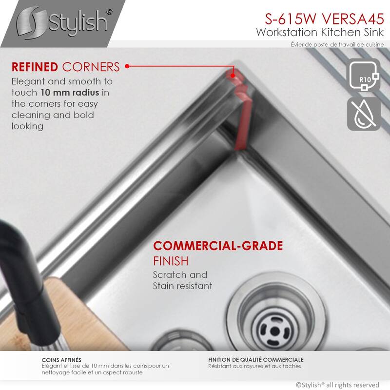 STYLISH 45 inches Ledge Workstation Single Bowl Undermount 16 Gauge Stainless Steel Kitchen Sink with Built in Accessories