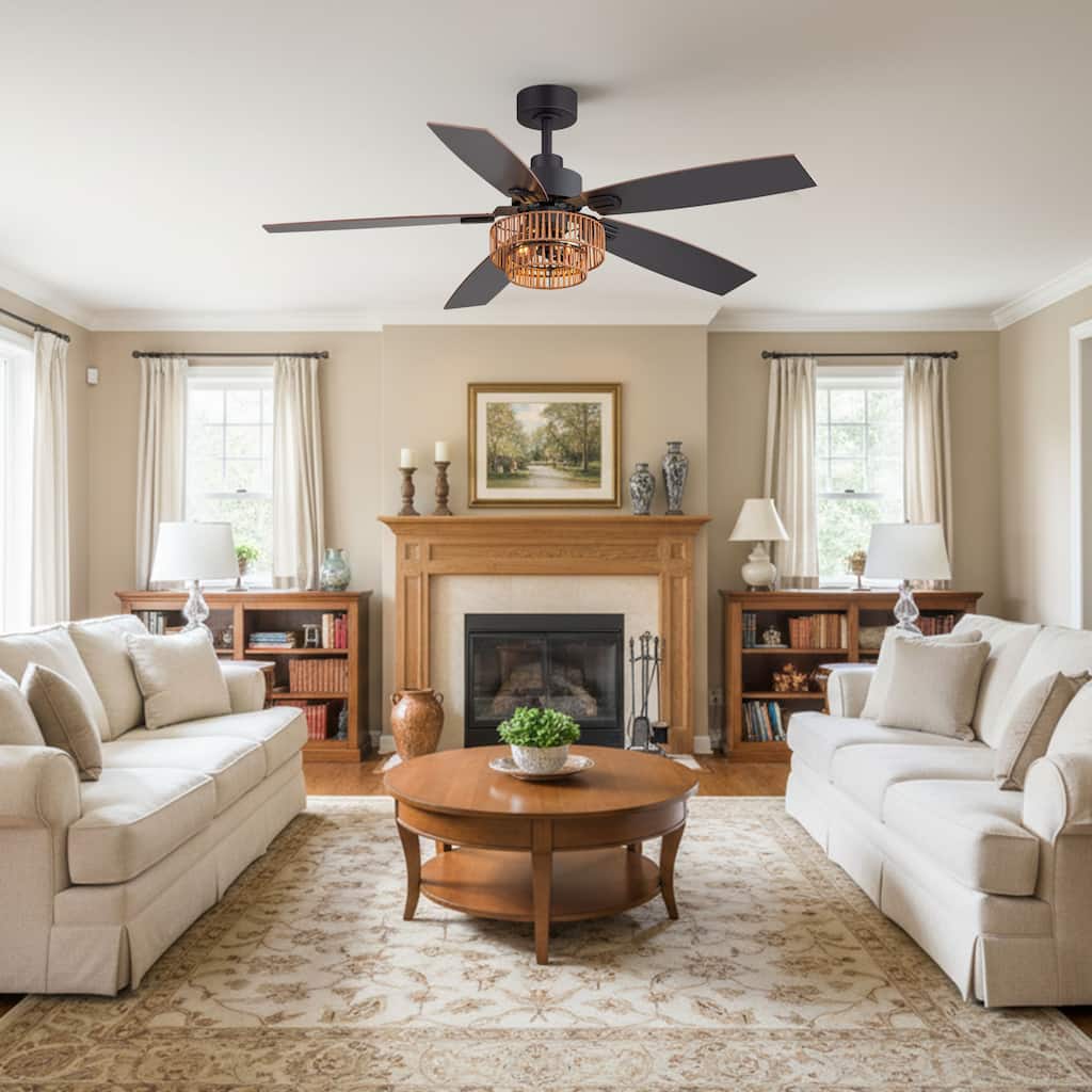 52" Farmhouse Ceiling Fan with Light, DC Motor, 6-Speed Remote, Reversible, Timer, Quiet,5 Wood Blades, Rattan Shade