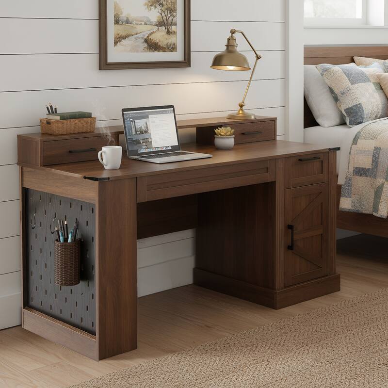 Roomfitters 55" Farmhouse Office Desk with Barn Door Cabinet, Pegboard & Charging Station