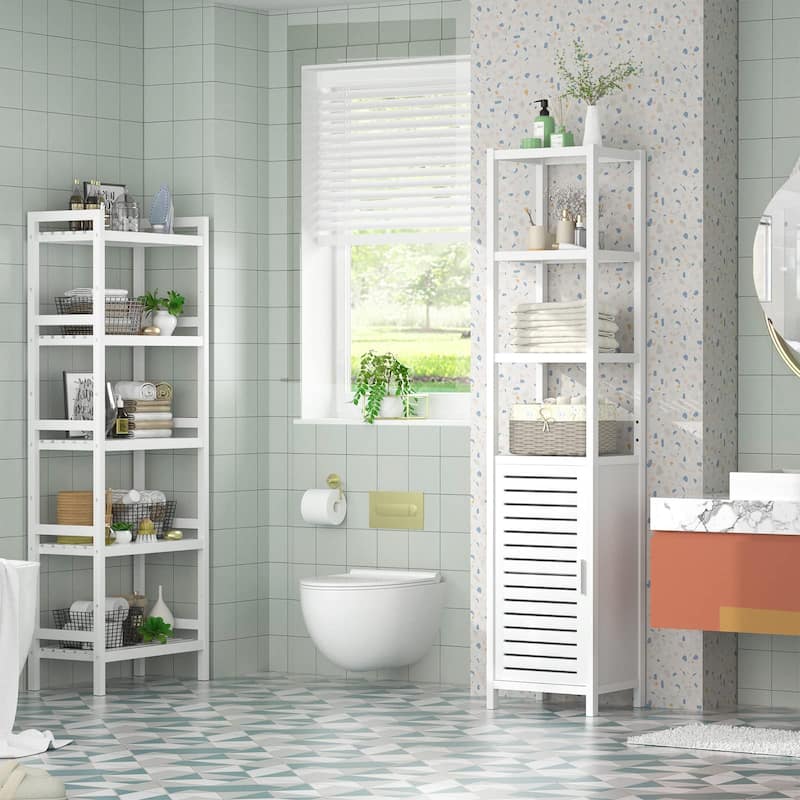 Bamboo Narrow Bathroom Storage Cabinet, 6-Tier 67 Inch Tall Floor Standing Tower with Shutter Door and Open Shelves