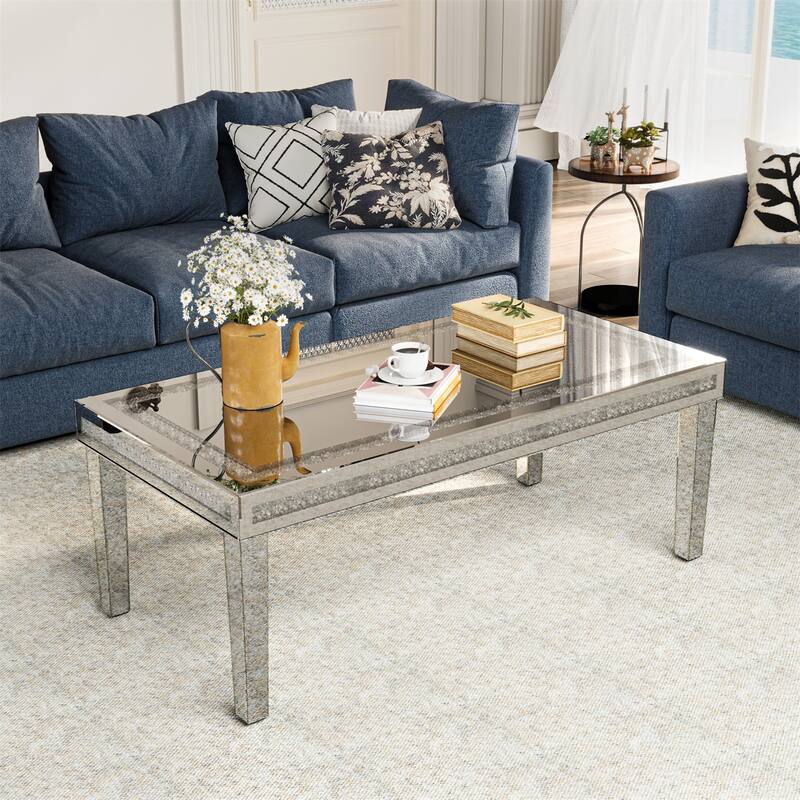 47.24” Long Luxury Modern Rectangular Mirrored Coffee Table with Crystal Diamonds Inlay, Living Room Center Table