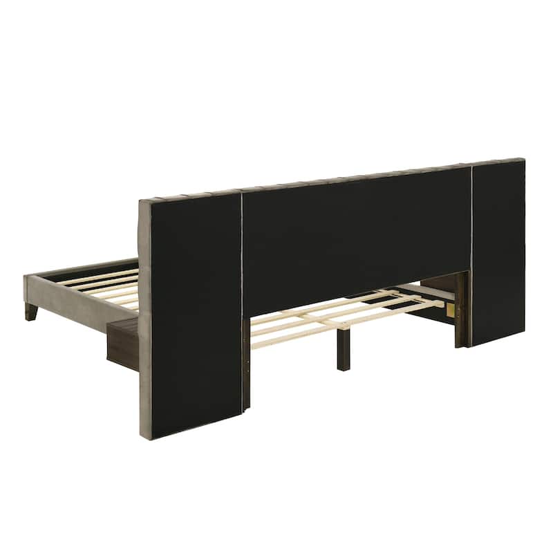 Upholstered Wall Panel Bed with 2 Floating Nightstands in Light Brown
