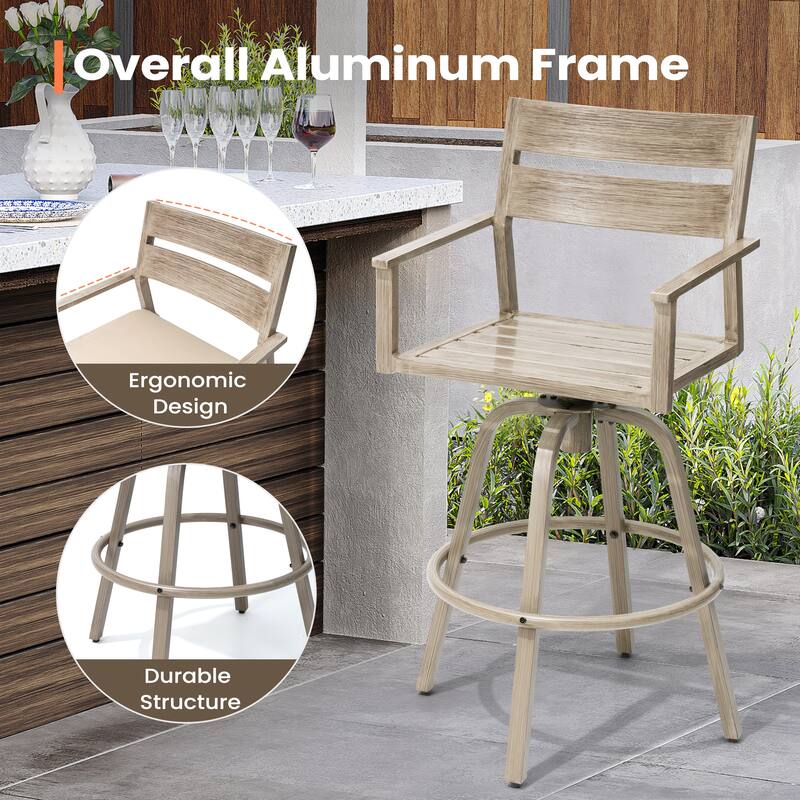 Outdoor Aluminum Patio Bar Stools Swivel Chairs with Sunbrella Cushions - 19.5 in W * 45.3 in H * 17.5 in D