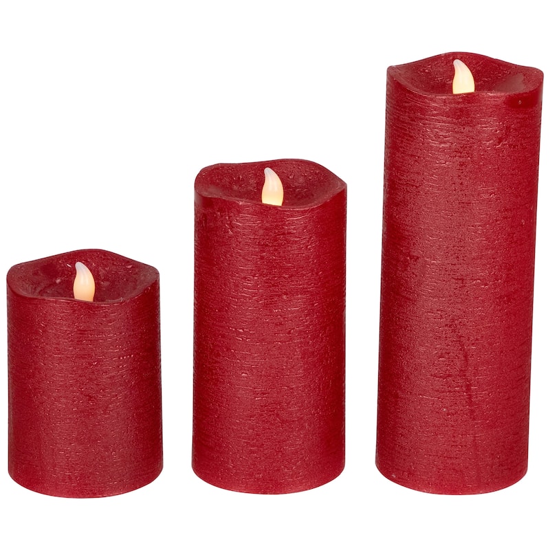 LED Flickering Flameless Textured Wax Pillar Candles - 8" - Red - Set of 3